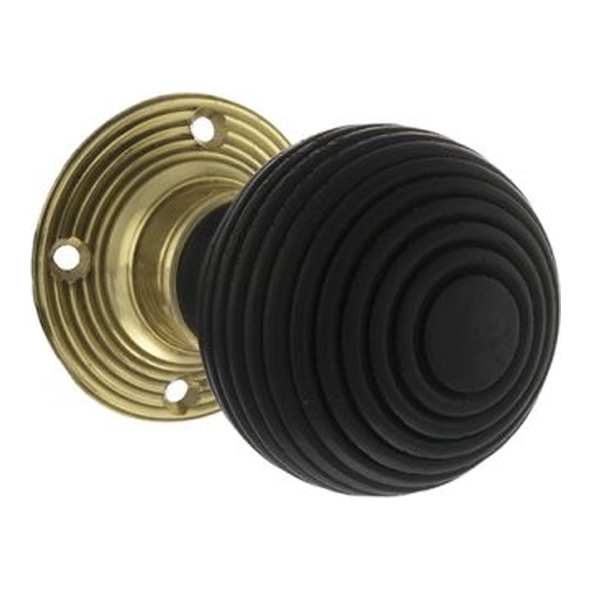 OE60RREMKPB  Ebony / Polished Brass  Old English Whitby Reeded Mortice Knobs on Face Fix Roses