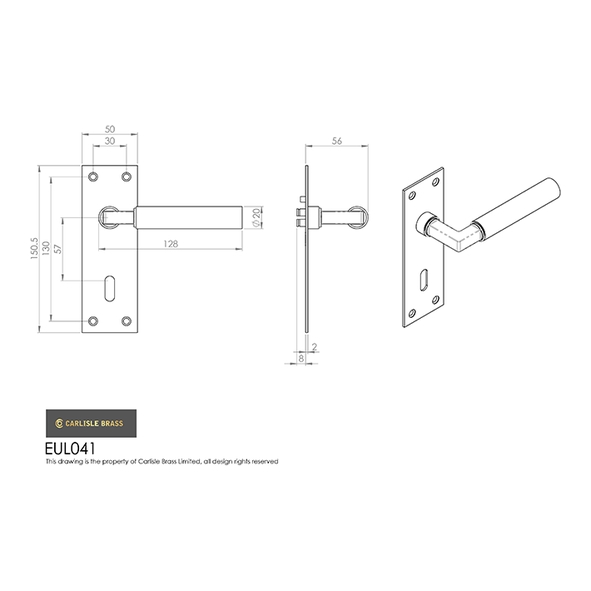 EUL041MB • Standard Lock [57mm] • Matt Black • Carlisle Brass Finishes Amiata Levers On Backplates