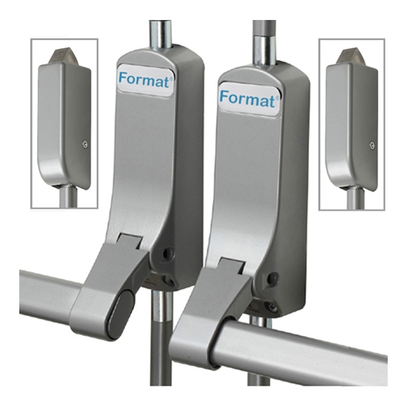 5316-47 • Vertical • Silver Powder Coated • Format Push Bar Double Panic Bolt Set With Vertical Pullman Latches