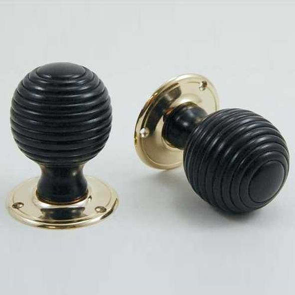DKF081MXC-PBL  Ebony / Lacquered Brass  Timber Beehive Knobs On Round Roses