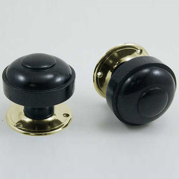 DKF082MXC-PBL  Ebony / Lacquered Brass  Timber Ruskin Knobs On Round Roses
