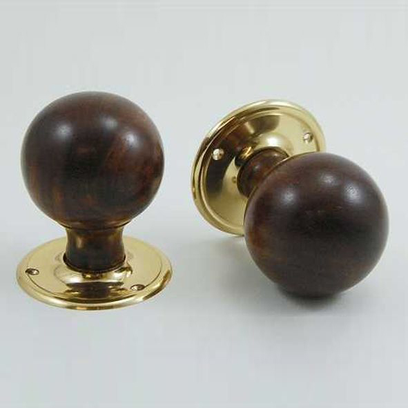 DKF084DWC-PBL  Rosewood / Lacquered Brass  Timber Sphere Knobs On Round Roses