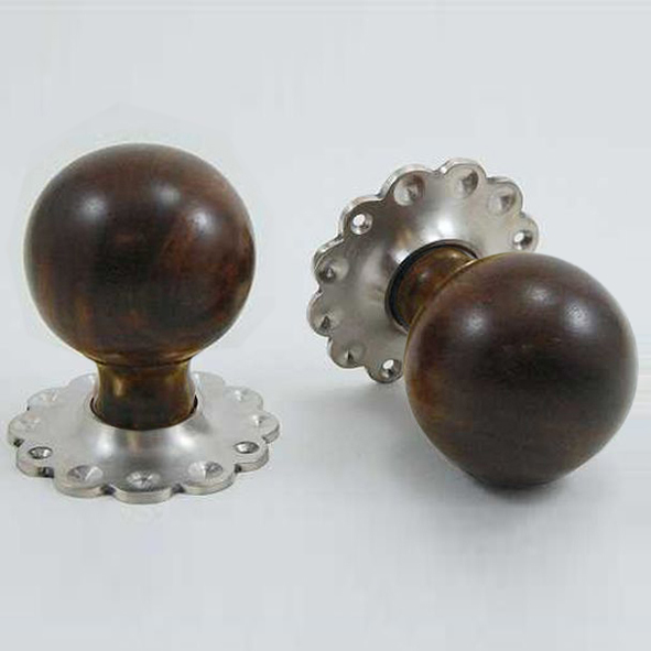DKF084DWF-SNP  Rosewood / Satin Nickel  Timber Sphere Knobs On Daisy Roses