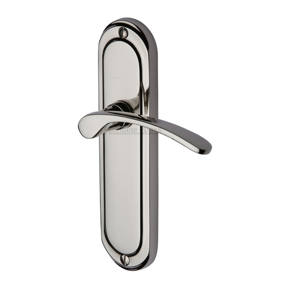 AMB6210-PNF  Long Plate Latch  Polished Nickel  Heritage Brass Ambassador Levers On Backplates