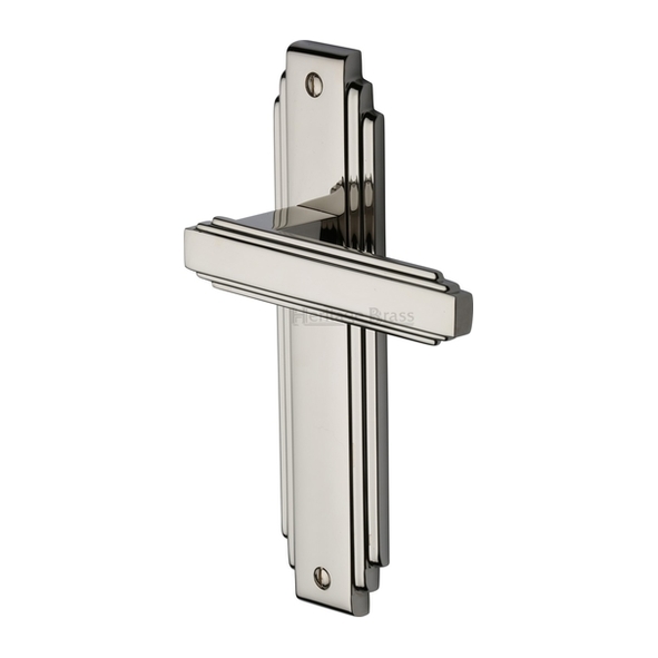 AST5910-PNF  Long Plate Latch  Polished Nickel  Heritage Brass Astoria Art Deco Levers On Backplates