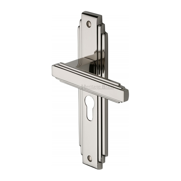 AST5948-PNF  Euro Cylinder [47.5mm]  Polished Nickel  Heritage Brass Astoria Art Deco Levers On Backplates