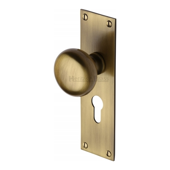 BAL8548-AT • Euro Cylinder [47.5mm] • Antique Brass • Heritage Brass Balmoral Mortice Knobs On Backplates