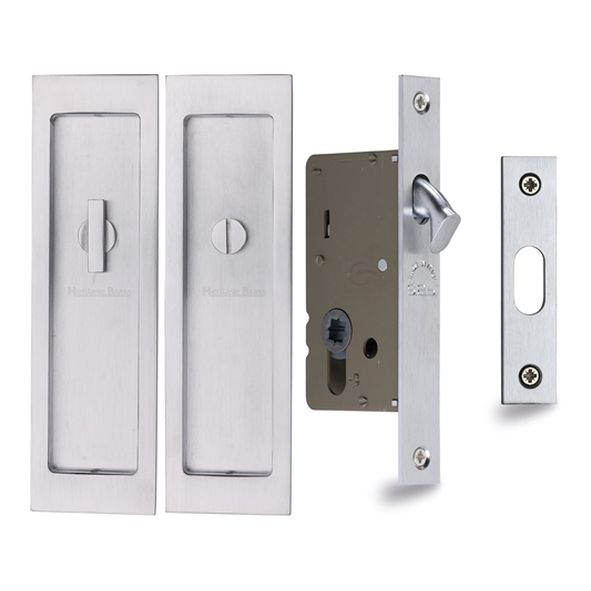 C1877-SC • For 35 to 52mm Door • Satin Chrome • Heritage Brass Sliding Bathroom Lock Set With Rectangular Fittings