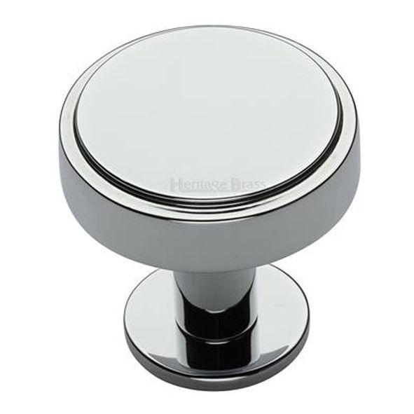 C3954 32-PC • 32 x 20 x 31mm • Polished Chrome • Heritage Brass Stepped Disc On Rose Cabinet Knob