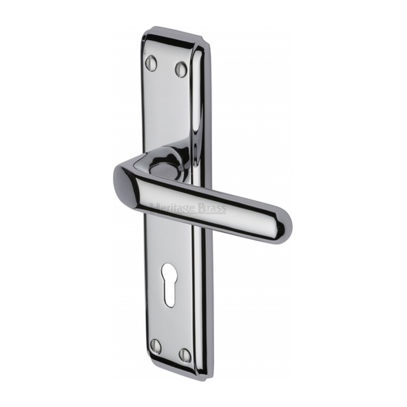 DEC3000-PC • Standard Lock [57mm] • Polished Chrome • Heritage Brass Deco Levers On Backplates