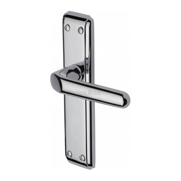 DEC3010-PC • Long Plate Latch • Polished Chrome • Heritage Brass Deco Levers On Backplates