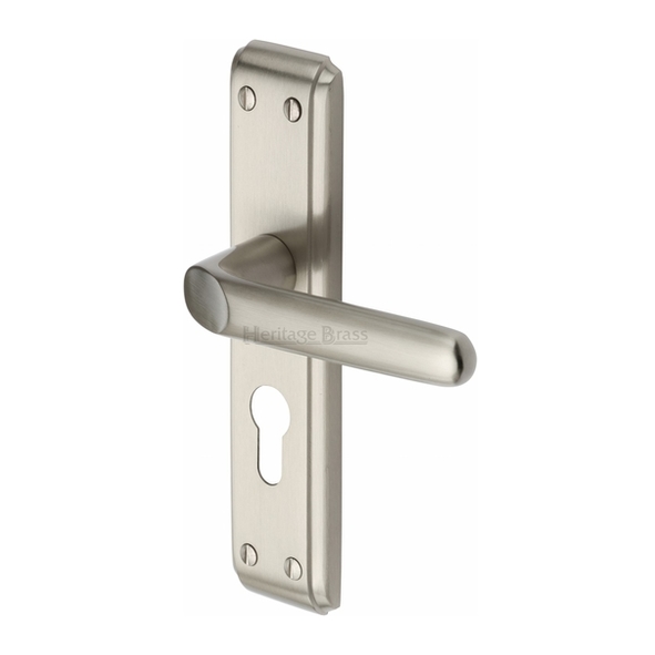 DEC3048-SN • Euro Cylinder [47.5mm] • Satin Nickel • Heritage Brass Deco Levers On Backplates