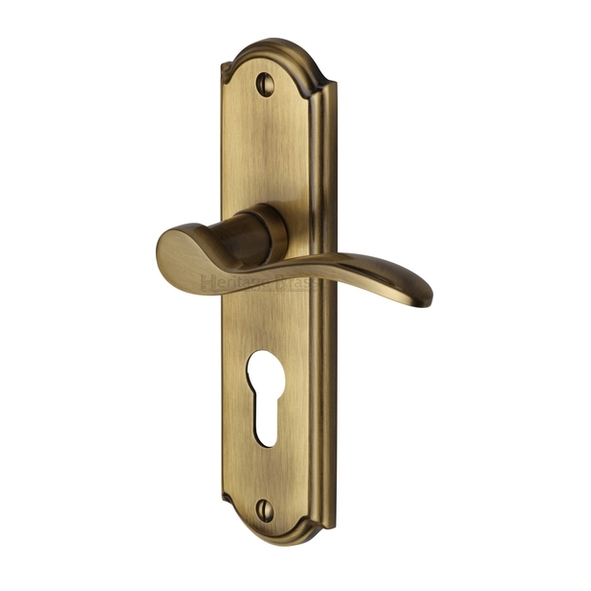 HOW1348-AT • Euro Cylinder [47.5mm] • Antique Brass • Heritage Brass Howard Levers On Backplates