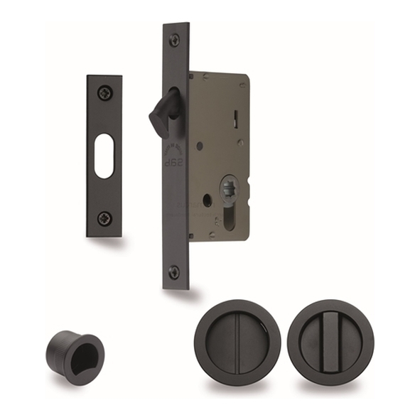 RD2308-40-BLK  For 35 to 52mm Door  Matt Black  Heritage Brass Sliding Bathroom Lock Set With Round Fittings