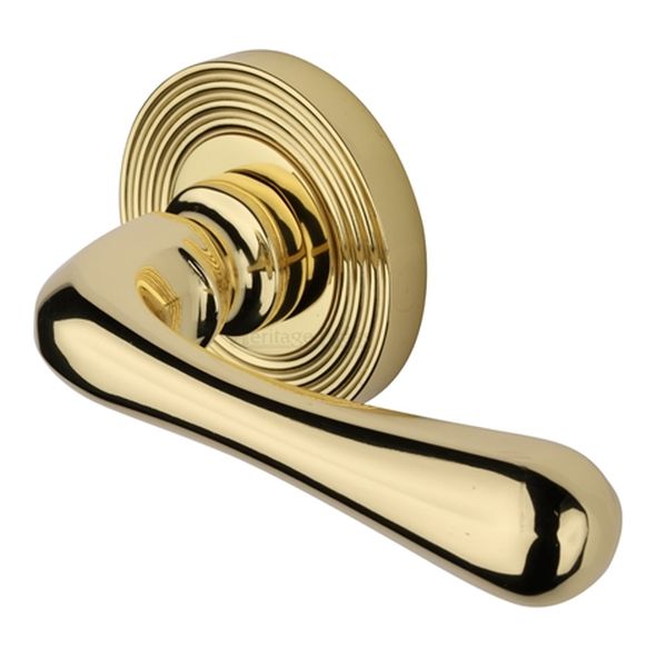 RR3022-PB  Polished Brass  Heritage Brass Charlbury Reeded Lever Furniture on Round Rose