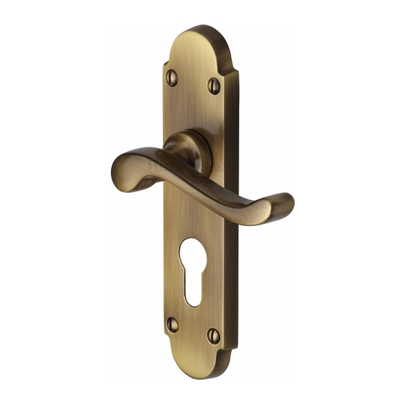 S607.48-AT • Euro Cylinder [47.5mm] • Antique Brass • Heritage Brass Savoy Levers On Backplates