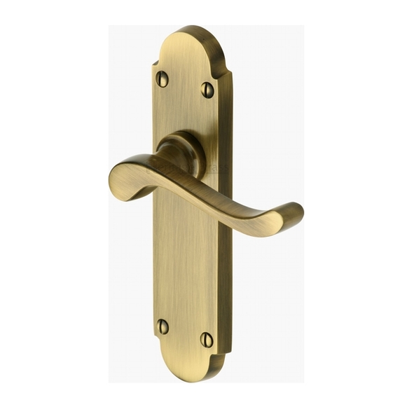 S610-AT • Long Plate Latch • Antique Brass • Heritage Brass Savoy Levers On Backplates