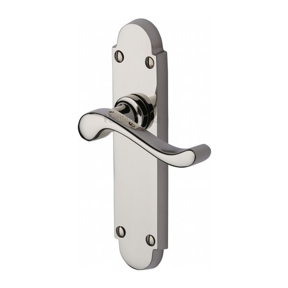 S610-PNF • Long Plate Latch • Polished Nickel • Heritage Brass Savoy Levers On Backplates