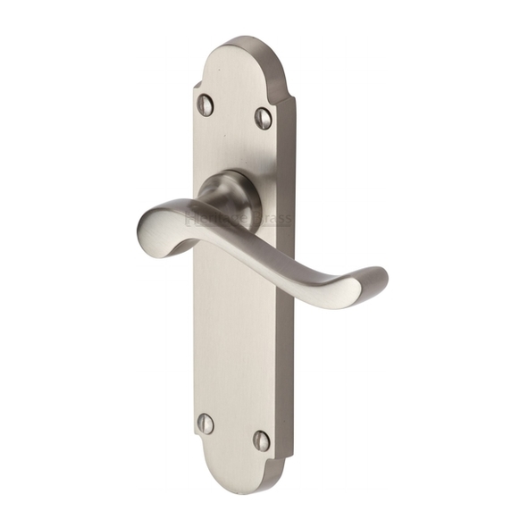 S610-SN • Long Plate Latch • Satin Nickel • Heritage Brass Savoy Levers On Backplates