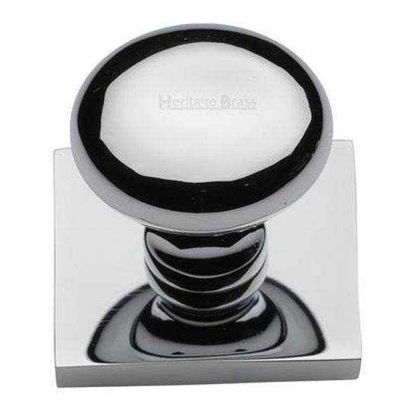 SQ113-PC • 32 x 38 x 33mm • Polished Chrome • Victorian Round Cabinet Knob On Square Backplate