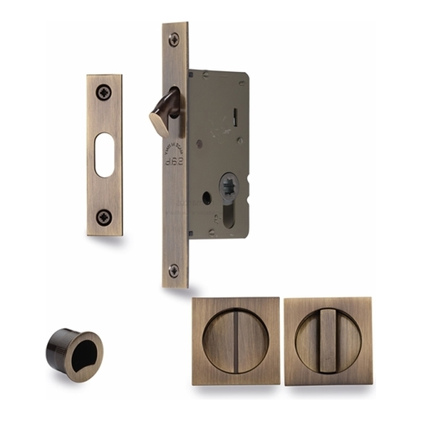 SQ2308-40-AT  For 35 to 52mm Door  Antique Brass  Heritage Brass Sliding Bathroom Lock Set With Square Fittings