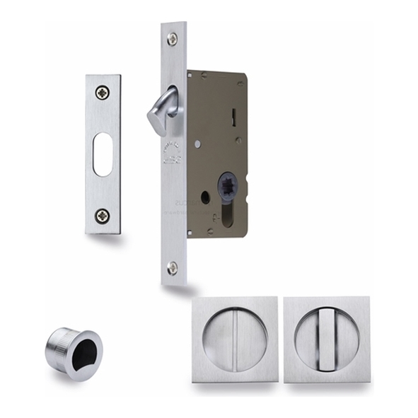 SQ2308-40-SC  For 35 to 52mm Door  Satin Chrome  Heritage Brass Sliding Bathroom Lock Set With Square Fittings