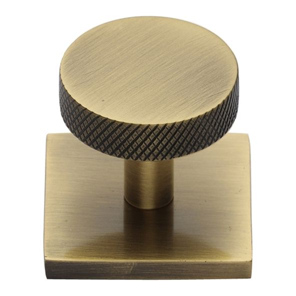 SQ3884-AT  32 x 38 x 33mm  Antique Brass  Heritage Brass Knurled Disc Cabinet Knob On Square Backplate