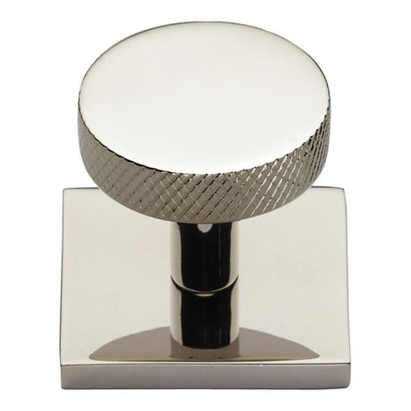 SQ3884-PNF  32 x 38 x 33mm  Polished Nickel  Heritage Brass Knurled Disc Cabinet Knob On Square Backplate