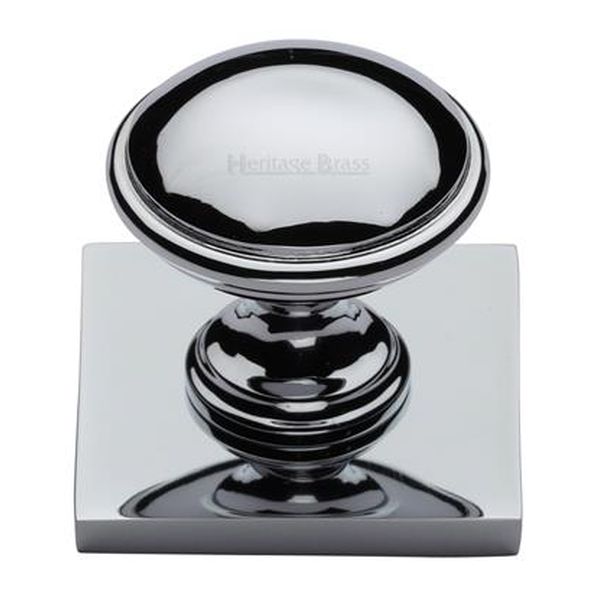 SQ3950-PC • 32 x 38 x 34mm • Polished Chrome • Heritage Brass Domed Cabinet Knob On Square Backplate