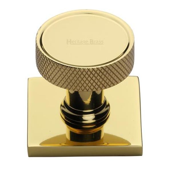 SQ4648-PB • 32 x 38 x 33mm • Polished Brass • Heritage Brass Florence Knurled Cabinet Knob On Square Backplate