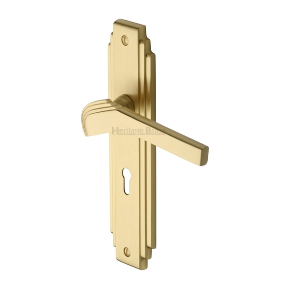 TIF5200-SB • Standard Lock [57mm] • Satin Brass • Heritage Brass Tiffany Art Deco Levers On Backplates