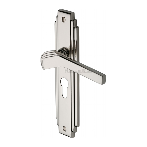 TIF5248-PNF • Euro Cylinder [47.5mm] • Polished Nickel • Heritage Brass Tiffany Art Deco Levers On Backplates