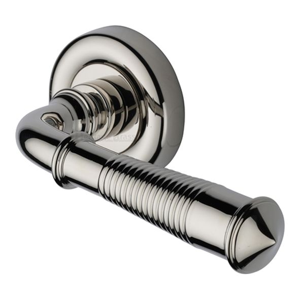 V1936-PNF  Polished Nickel  Heritage Brass Colonial Reeded Lever Furniture on Round Rose