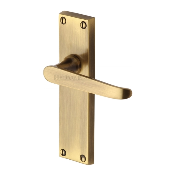 V3913-AT • Long Plate Latch • Antique Brass • Heritage Brass Victoria Levers On Backplates