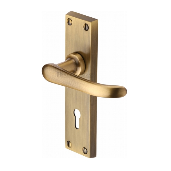 V700-AT • Standard Lock [57mm] • Antique Brass • Heritage Brass Windsor Levers On Backplates