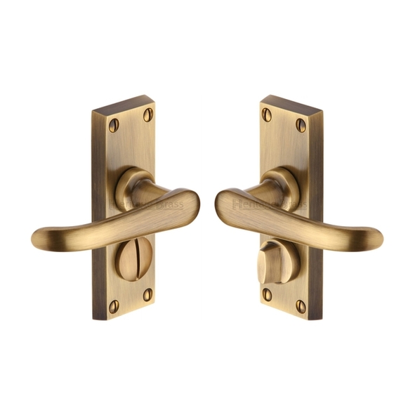 V735-AT • Short Plate Privacy • Antique Brass • Heritage Brass Windsor Levers On Backplates