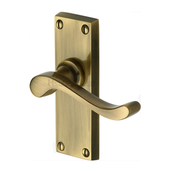 V800-AT • Short Plate Latch • Antique Brass • Heritage Brass Bedford Levers On Backplates