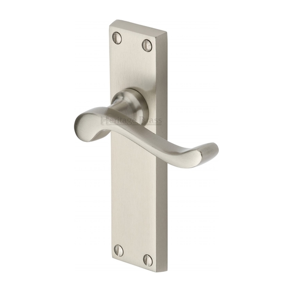 V803-SN • Long Plate Latch • Satin Nickel • Heritage Brass Bedford Levers On Backplates