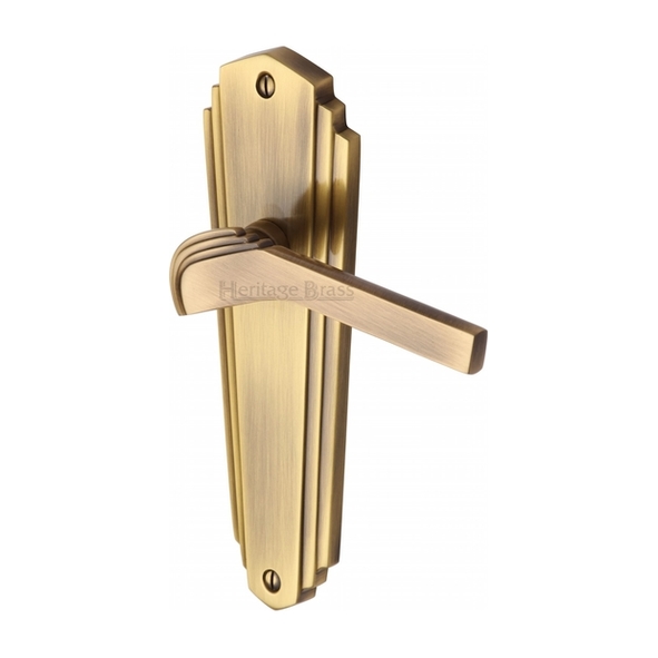 WAL6510-AT • Long Plate Latch • Antique Brass • Heritage Brass Waldorf Art Deco Levers On Backplates