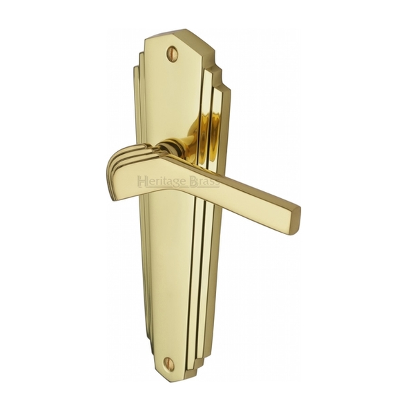 WAL6510-PB • Long Plate Latch • Polished Brass • Heritage Brass Waldorf Art Deco Levers On Backplates