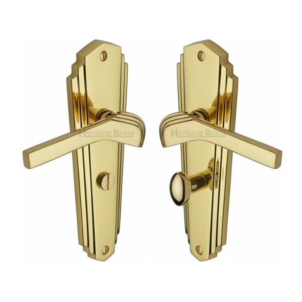WAL6530-PB • Bathroom [57mm] • Polished Brass • Heritage Brass Waldorf Art Deco Levers On Backplates