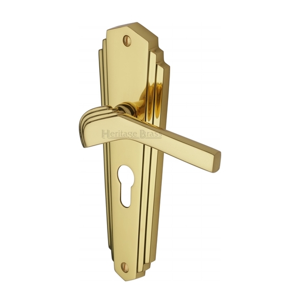 WAL6548-PB • Euro Cylinder [47.5mm] • Polished Brass • Heritage Brass Waldorf Art Deco Levers On Backplates