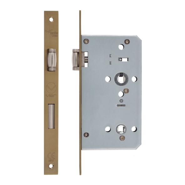 ZDL7260LL-PVDSB • 090mm [060mm] • PVD Satin Brass • Square • Zoo Hardware Lift To Lock Roller Bolt DIN Bathroom Lock
