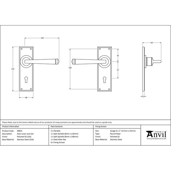 49825  152mm  PSS [316]  From The Anvil Avon Lever Lock Set