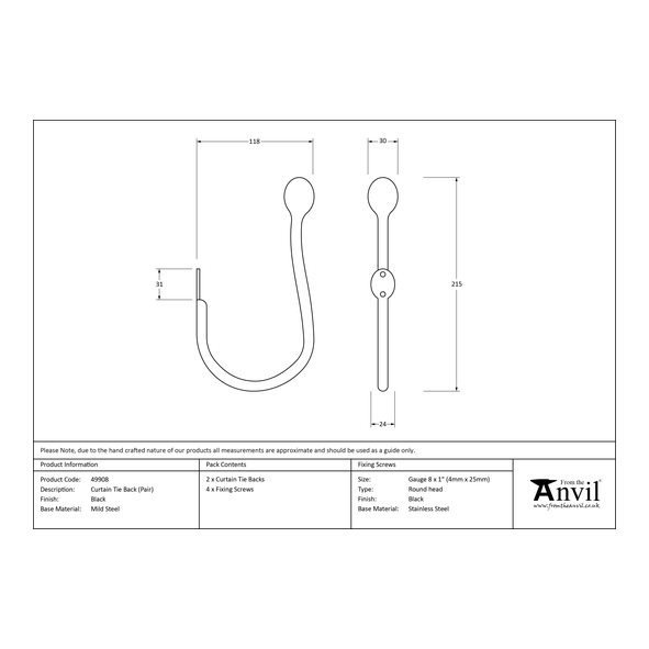 49908 • 215mm • Black • From The Anvil Curtain Tie Back