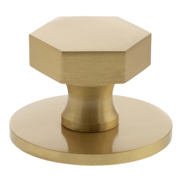 MHCHB1532SB � 32mm � Satin Brass � Millhouse Brass Pennington Hex Cabinet Knob on Plate