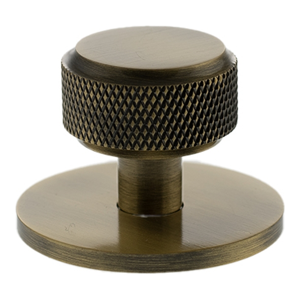 MHCKB1532AB � 32mm � Antique Brass � Millhouse Brass Eiffel Knurled Round Cabinet Knob on Plate