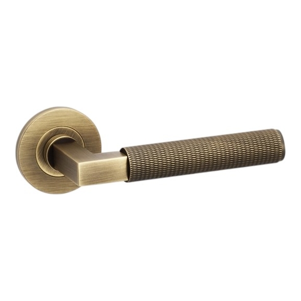 AW200AB  Antique Brass  Alexander & Wilks Hurricane Knurled Levers on Round Roses