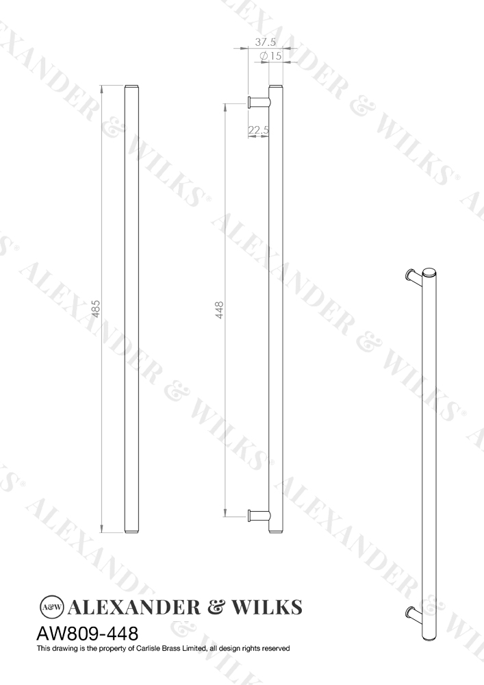 AW809-448-SN � 448mm c/c � Satin Nickel � Alexander & Wilks Crispin Knurled T-Bar Cabinet Pull