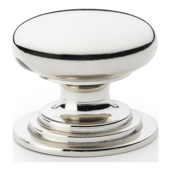 AW825-38-PN  38mm  Polished Nickel  Alexander & Wilks Waltz Round Cupboard Knob on Stepped Rose